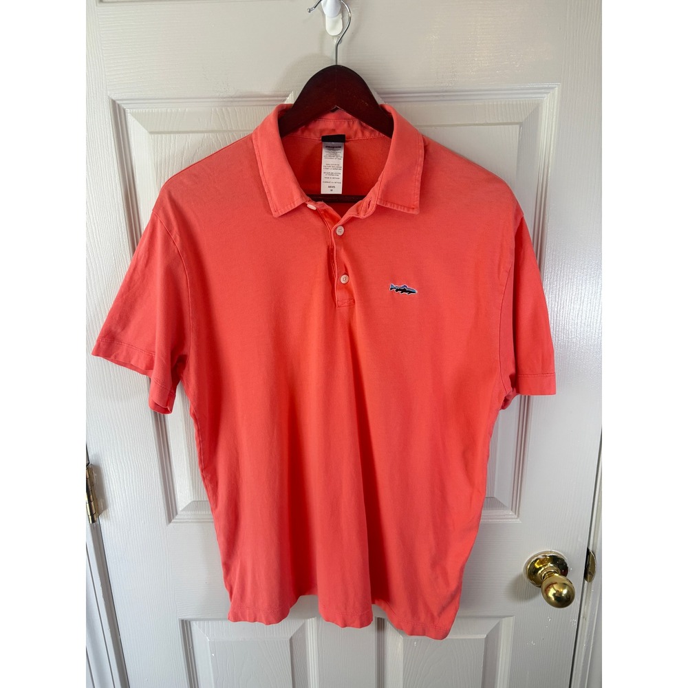 Patagonia Mens Organic Cotton Short Sleeve Polo Shirt Coral Pink Trout Logo M